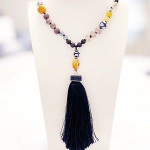 Chico's Colorful Beads with Navy Blue Tassel Necklace